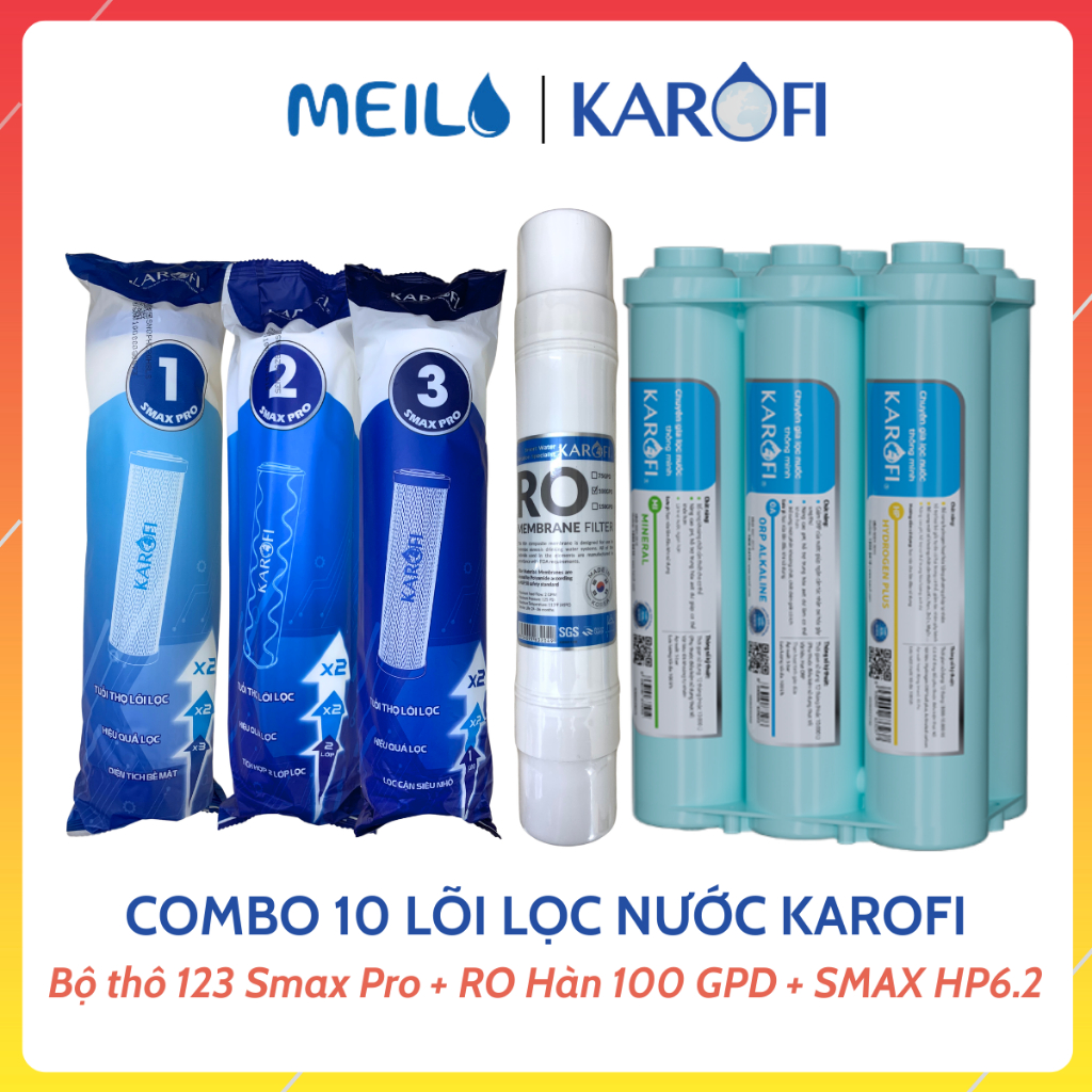 Combo 10 Lõi Lọc Nước Karofi Gồm Bộ Thô Smax Pro, Màng RO100GPD Hàn, Cụm Chức Năng HP6.2 Dùng Cho Mo