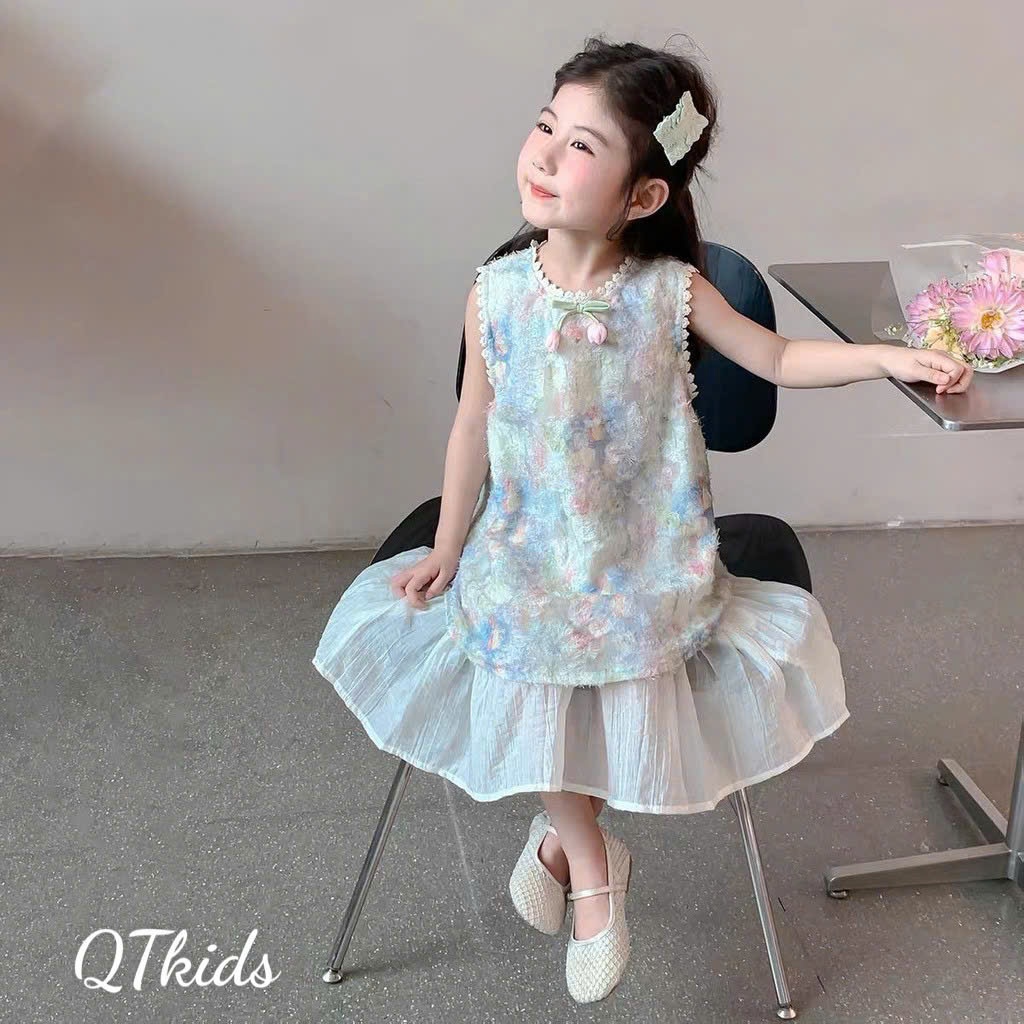 SẴN Váy hoa loang phối hoa tulip cho bé gái,cổ phối ren chân váy xòe đuôi cá áo,hai lớp nổi bật từ 1