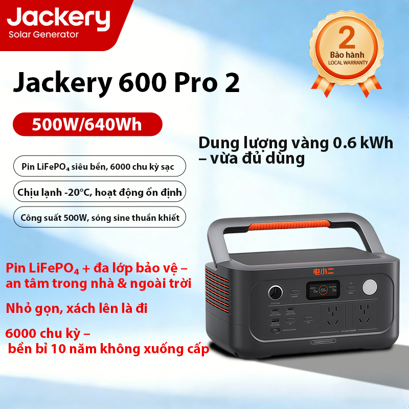 Jackery 600Pro2 – Trạm phát điện 0.6kWh, 500W, LiFePO₄ 6000 chu kỳ, chịu lạnh -20°C.