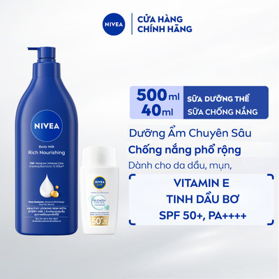 Bộ Đôi Sữa Chống Nắng NIVEA SUN Derma Blemish Control SPF50+ 40ml & Sữa Dưỡng Thể NIVEA Dưỡng Ẩm 72H 500ml - 80212+95147