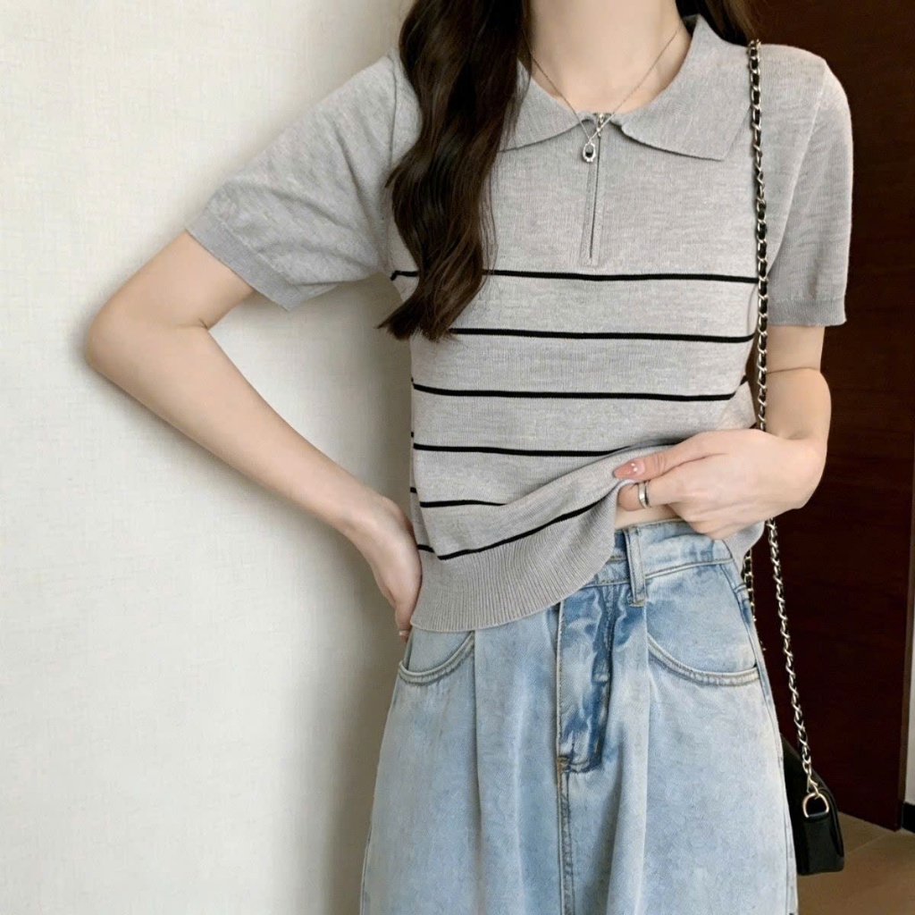 Áo Len Polo Thun From Ôm Kèm KHÓA KÉO, Áo Mongtoghi Dáng Vừa Phối Kẻ Sọc Nhỏ Tương Phản Trẻ TrungHàng Qccc Shopquacam | BigBuy360 - bigbuy360.vn