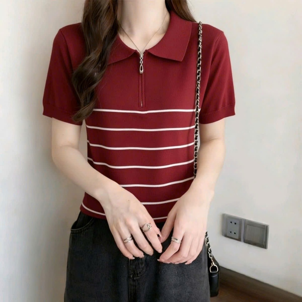 Áo Len Polo Thun From Ôm Kèm KHÓA KÉO, Áo Mongtoghi Dáng Vừa Phối Kẻ Sọc Nhỏ Tương Phản Trẻ TrungHàng Qccc Shopquacam | BigBuy360 - bigbuy360.vn