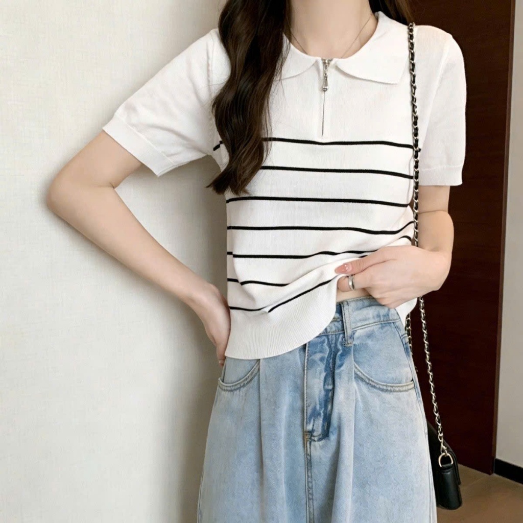 Áo Len Polo Thun From Ôm Kèm KHÓA KÉO, Áo Mongtoghi Dáng Vừa Phối Kẻ Sọc Nhỏ Tương Phản Trẻ TrungHàng Qccc Shopquacam | BigBuy360 - bigbuy360.vn