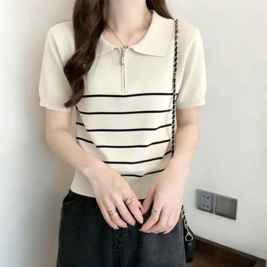 Áo Len Polo Thun From Ôm Kèm KHÓA KÉO, Áo Mongtoghi Dáng Vừa Phối Kẻ Sọc Nhỏ Tương Phản Trẻ TrungHàng Qccc Shopquacam | BigBuy360 - bigbuy360.vn
