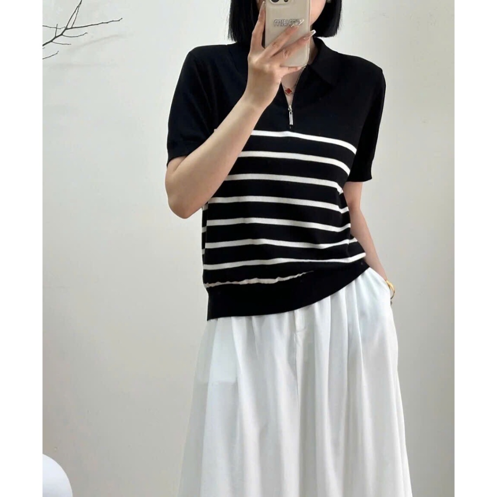 Áo Len Polo Thun From Ôm Kèm KHÓA KÉO, Áo Mongtoghi Dáng Vừa Phối Kẻ Sọc Nhỏ Tương Phản Trẻ TrungHàng Qccc Shopquacam | BigBuy360 - bigbuy360.vn