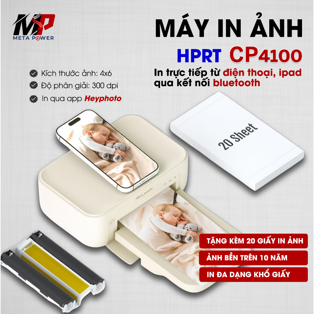 Máy In Ảnh HPRT CP4100 Kết Nối Điện Thoại 300 DPI Công Nghệ In Nhiệt Thăng Hoa Ảnh Bền Trên 10 Năm