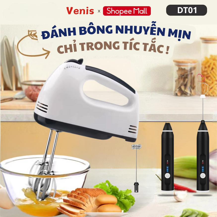 Máy Đánh Trứng Cầm Tay 7 Tốc Độ Tặng 4 Đầu Đánh Cao Cấp, Hoạt Động Êm Ái