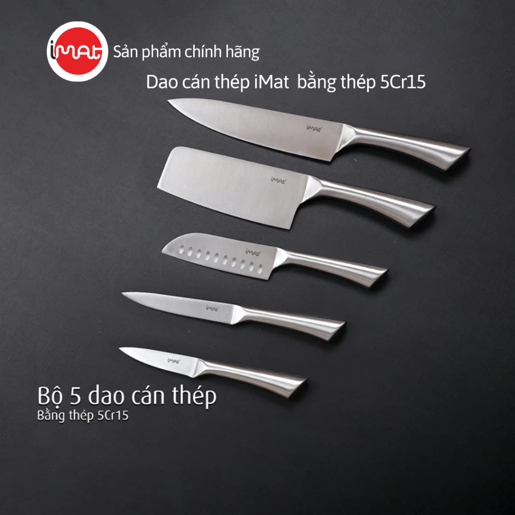 Dao nhà bếp iMat, cán inox 430 không gỉ, Lưỡi thép cacbon 5CR15 chống mài mòn, giá cắm dao iMat