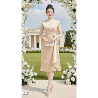 Váy Thiết Kế DVC - Váy Lụa Be Lệch Vai Tag Hoa Eo DS7783 - DOLCE VIVA COLLECTION CM2104