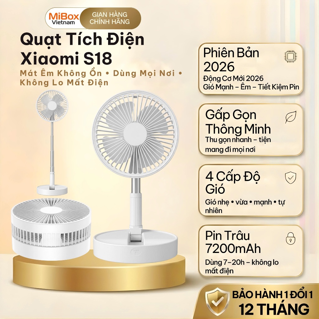 Quạt Tích Điện Xiaomi S18 Pin 7200mAh Dùng Đến 20h, Gấp Gọn Kéo Dài 1m, Quạt Sạc Siêu Bền