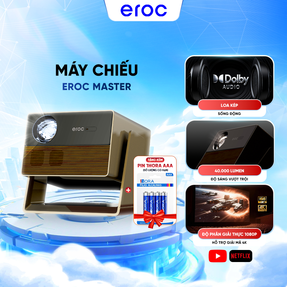 Máy chiếu Eroc Master Full HD Độ sáng 1500 ANSI 40000 Lumens Tương thích Netflix, Tự Động Lấy Nét - 