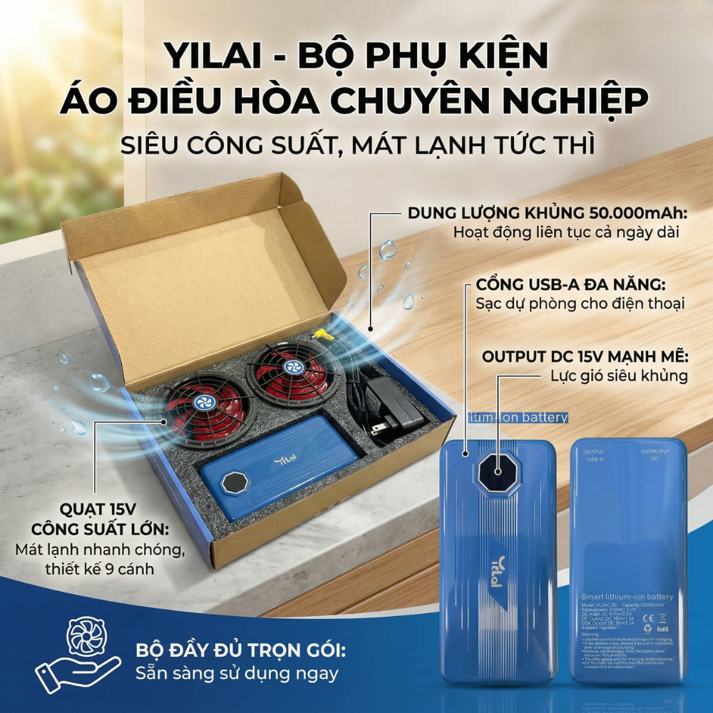 Pin quạt ao điều hòa cao cấp 75000mAh new 2026, quạt điều hoà gắn áo 15v dùng liên tục trên 10 tiếng