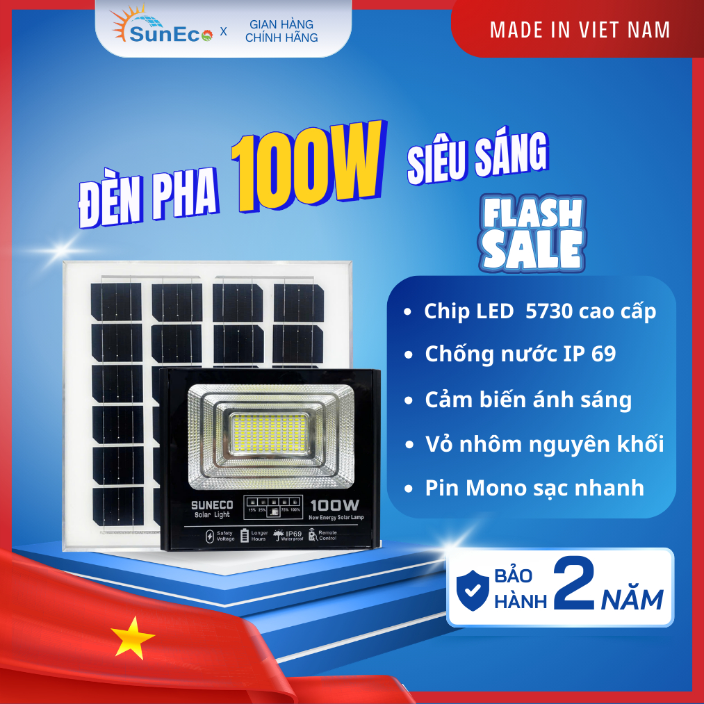 Đèn pha năng lượng mặt trời 100W SUNECO - Vỏ nhôm đúc, Chip LED 5730 Chống nước IP 69 Pin 12000mAH Hàng chính hãng