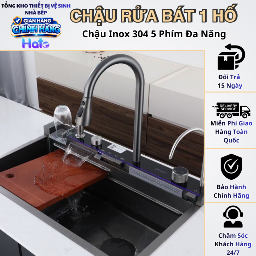 Chậu Rửa Bát 1 Hố Inox 304 HATO Mạ Nano Tổ Ong Hiển Thị Nhiệt Độ, Kèm Vòi Lọc Nước, Vòi Thác , Vòi Xịt XP , Vặn Thoát Xả