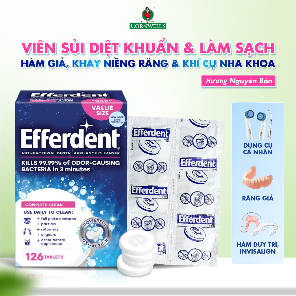 Viên Sủi Làm Sạch Khay Niềng Invisalign, Hàm Duy Trì, Răng Giả Efferdent Complete Clean Giảm Mùi Hôi
