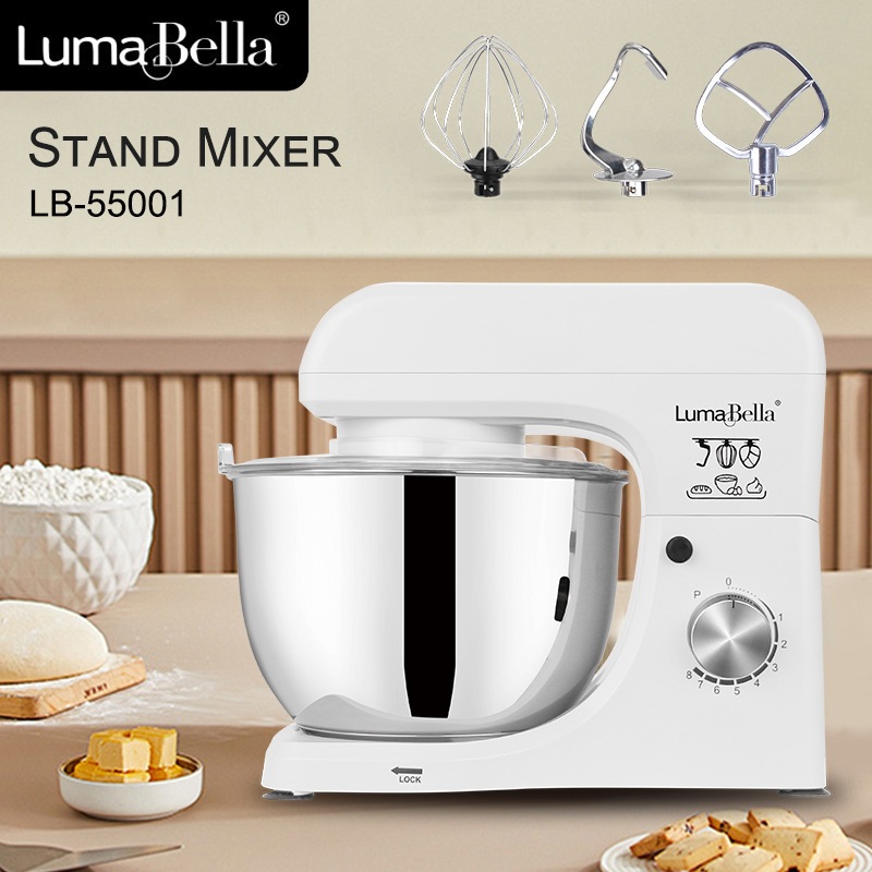 Máy đánh trứng trộn bột để bàn LUMABELLA, công suất lớn 1000W,  cối inox 5L trộn bột, nhào bột tự động - LB-55001