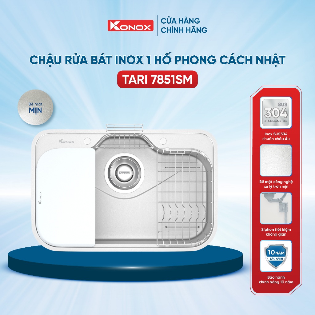 Chậu rửa bát inox 1 hố Konox TARI 7851SM phong cách Nhật bề mặt MỊN - Bảo hành 10 năm