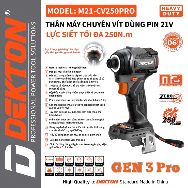 Máy chuyên vít pin DEKTON M21-CV250PRO 250Nm, Mẫu mới cò mượt hơn