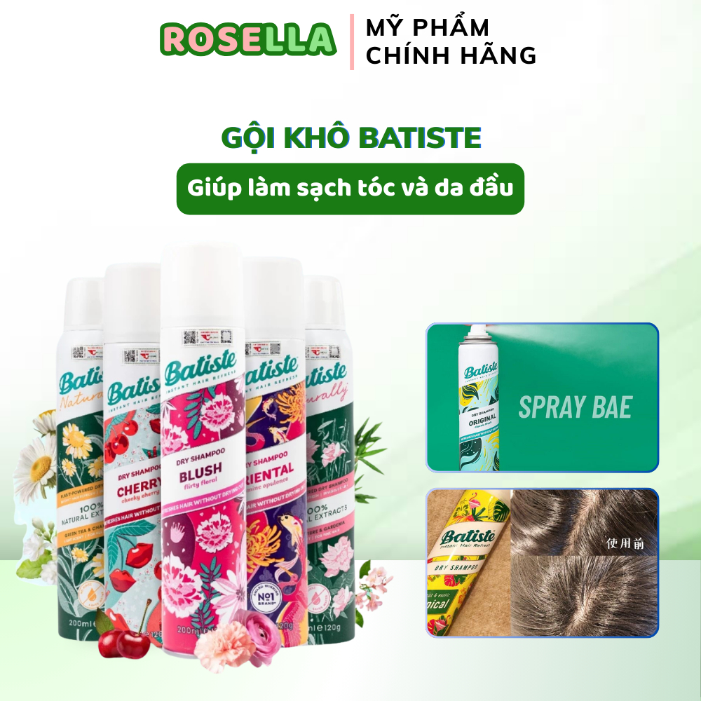 Dầu gội khô Batiste 200ml suôn mượt tóc tức thì, Batiste dầu gội khô chính hãng có tem Rosella beaut