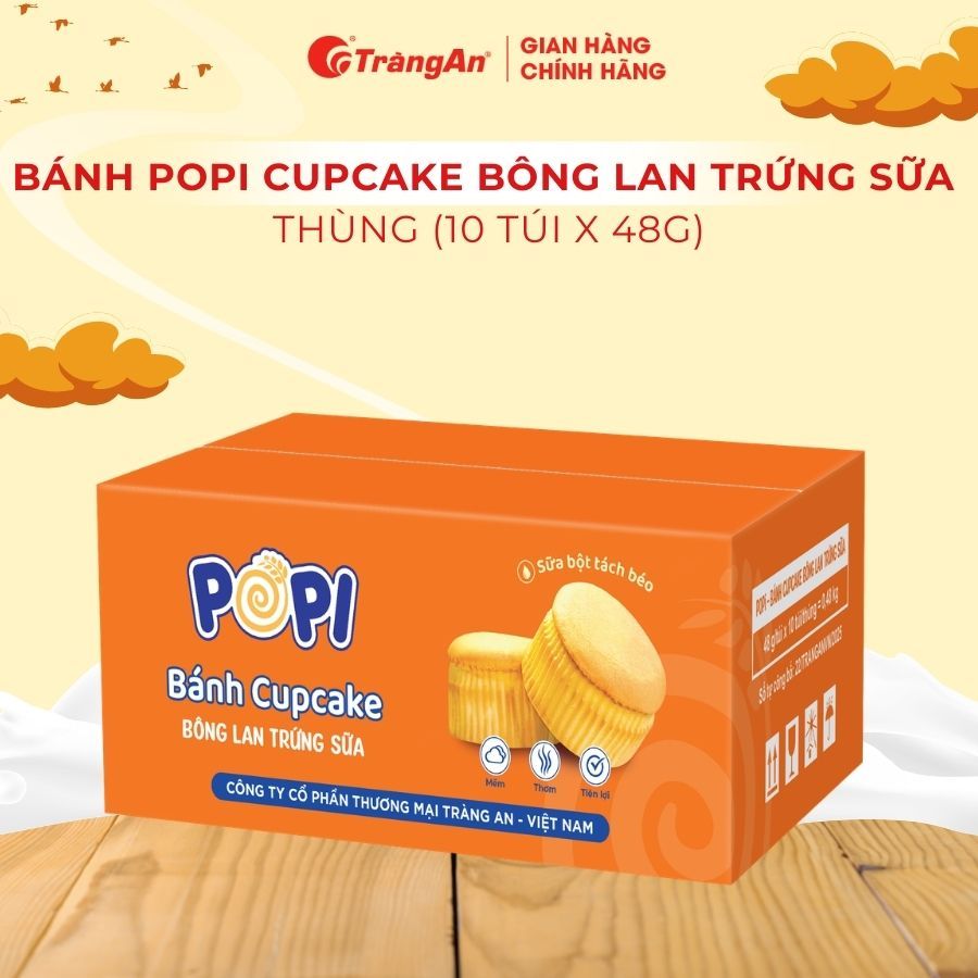 Bánh Cupcake Bông Lan Trứng Sữa 𝐏𝐎𝐏𝐈 Tràng An Cao Cấp 48g Mềm Thơm Dinh Dưỡng Tiện Lợi
