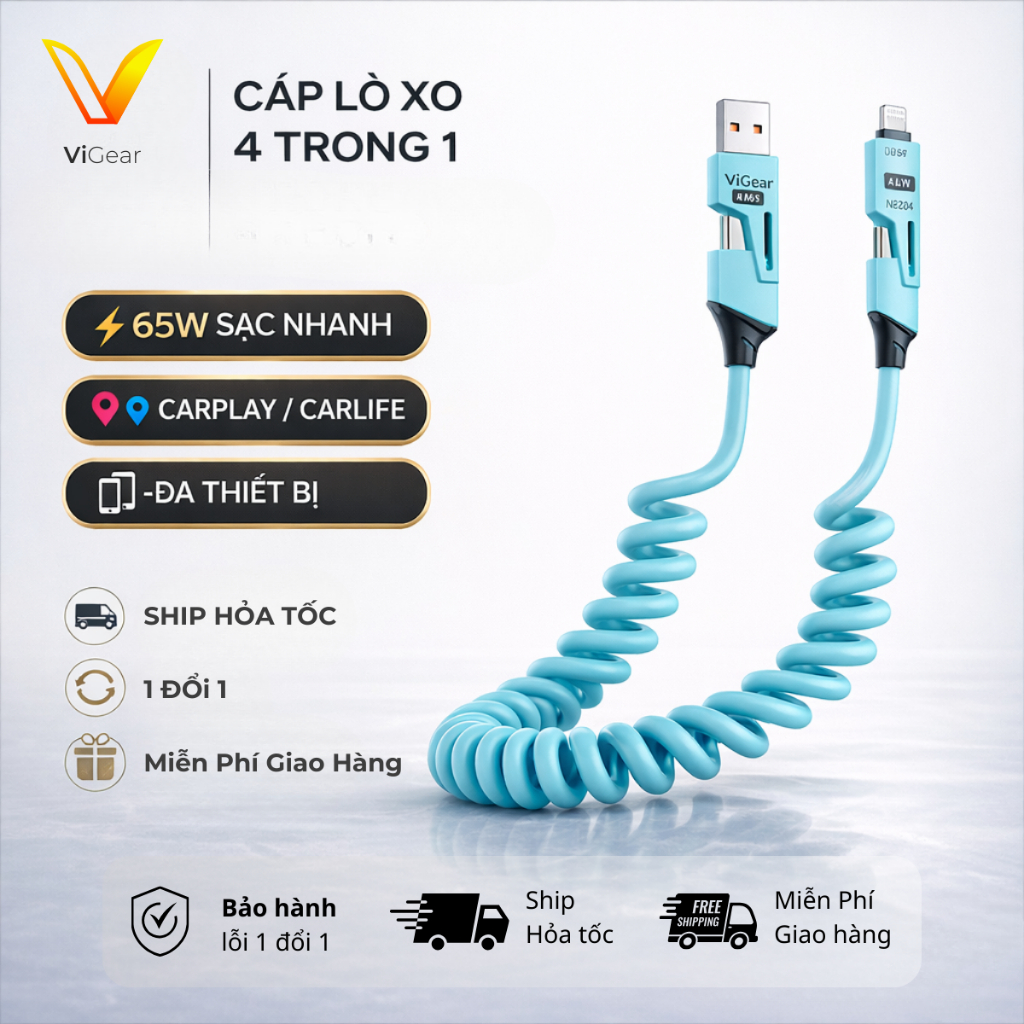 Cáp Sạc Lò Xo Đa Năng 4 Trong 1 ViGear Siêu Tiện Lợi Dành Cho Điện Thoại Dài 1.5m, Sạc Nhanh Chuẩn