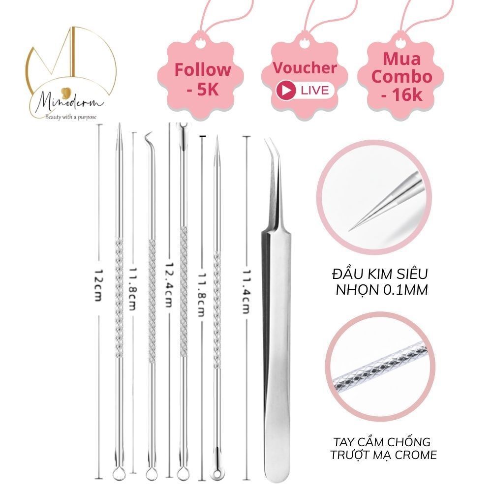 Bộ dụng cụ nặn mụn BEABIAI lấy nhân mụn trứng cá, chất liệu cao cấp, siêu nhọn 12mm