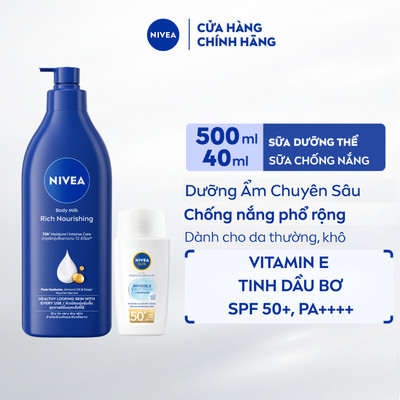 Bộ Đôi Sữa Chống Nắng NIVEA SUN Derma Invisible Fluid SPF50+ 40ml & Sữa Dưỡng Thể NIVEA Dưỡng Ẩm 72H 500ml - 80212+95150