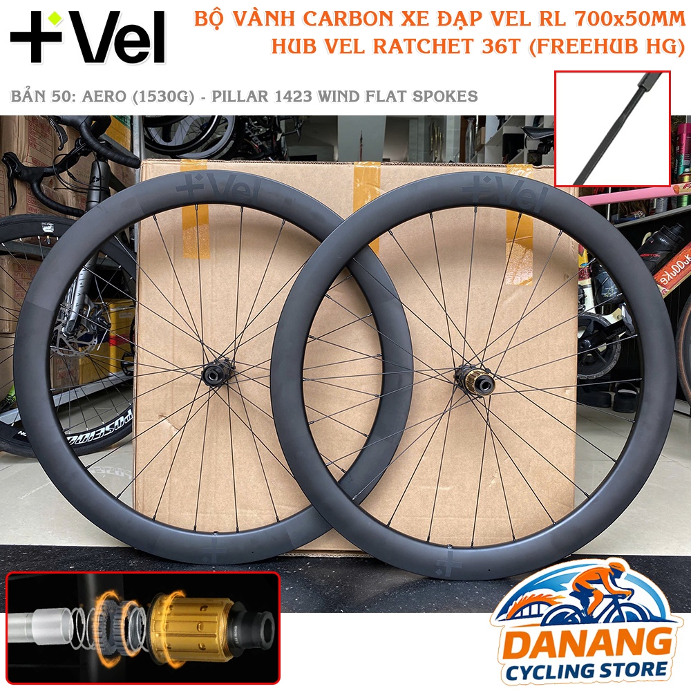 Bộ Vành Carbon Xe Đạp VEL RL 700x50mm – Chính Hãng, Hub Ratchet 36T, Nan Dẹp Aero Pillar 1423, Siêu Nhẹ 1530g