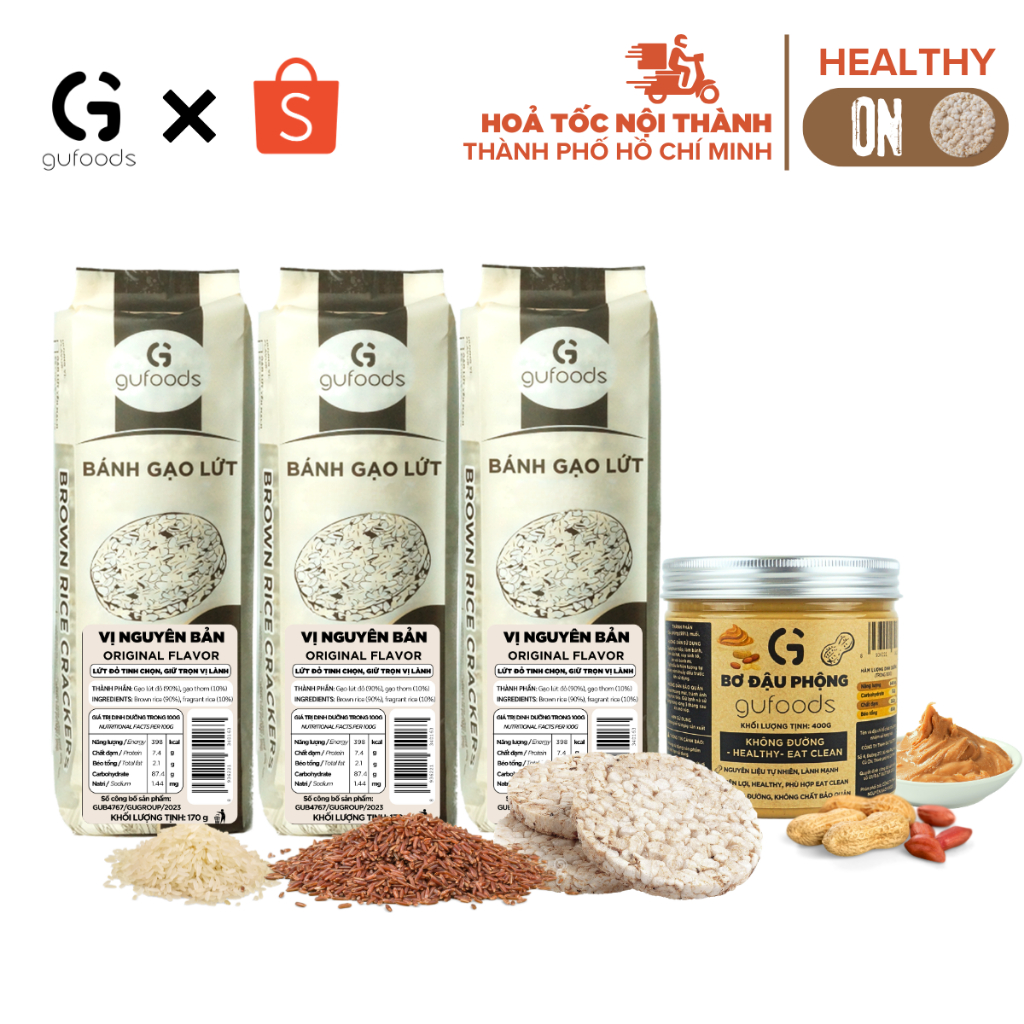 Combo Bữa ăn sáng, ăn nhẹ, ăn xế healthy cùng Bánh gạo lứt và Bơ đậu phộng GUfoods