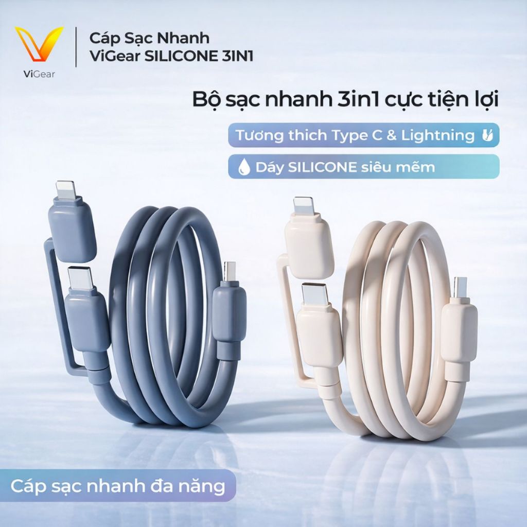 Cáp Sạc Nhanh ViGear SILICONE 3IN1 Chiều Dài 1.5m, C-C 65W, C-L 27W, Dẻo Bền Dai XTY001 - CS01