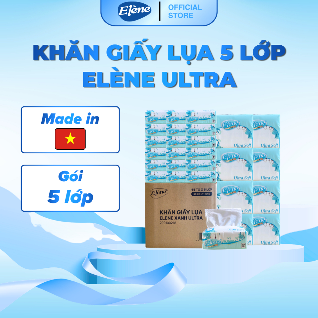 Thùng 30 Gói Khăn Giấy Lụa 5 Lớp Rút Elène Ultra Cao Cấp, Mềm Mịn, An Toàn