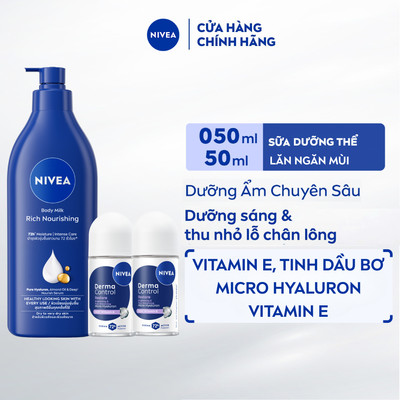 Bộ Sữa Dưỡng Thể NIVEA Dưỡng Ẩm Chuyên Sâu 72H 500ml & 02 Lăn Ngăn Mùi Derma Control Restore Dưỡng Sáng Mềm Mịn 50mlx2