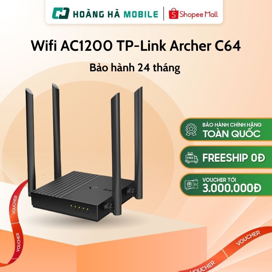Router Wifi Băng Tầng Kép AC1200 TP-Link Archer C64 - Chính hãng