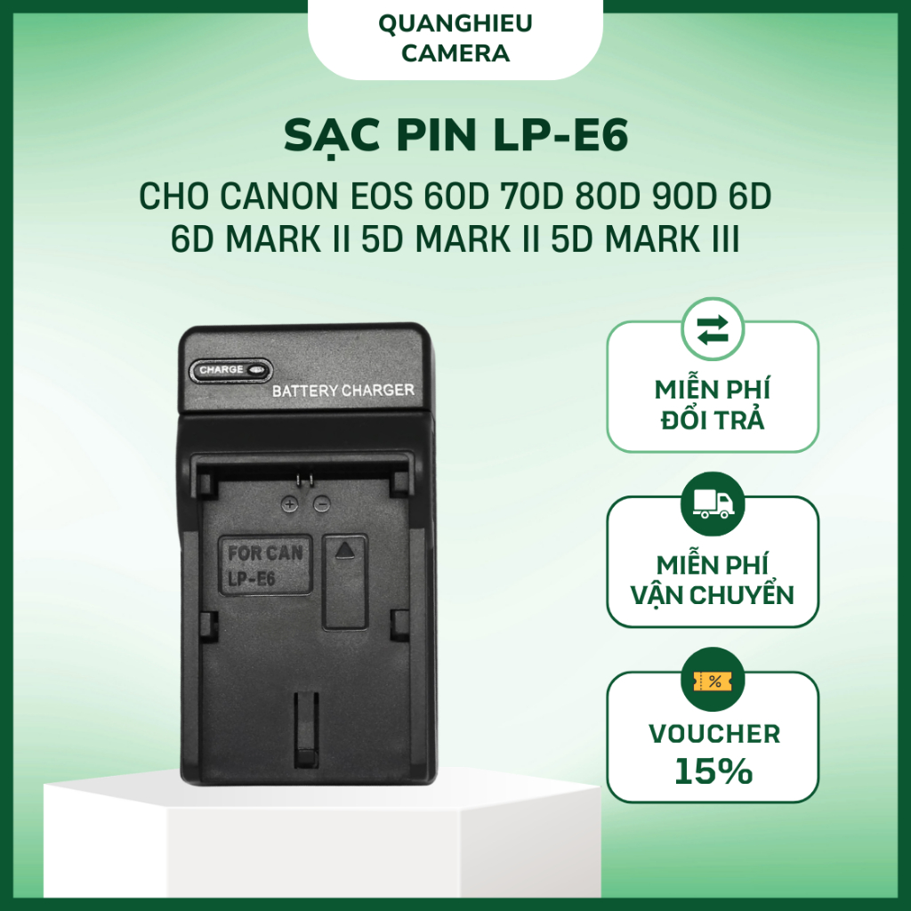 Sạc Pin LP-E6 cho Canon EOS 60D 70D 80D 90D 6D 6D Mark II 5D mark II 5D Mark III Sạc nhanh E6 có LED