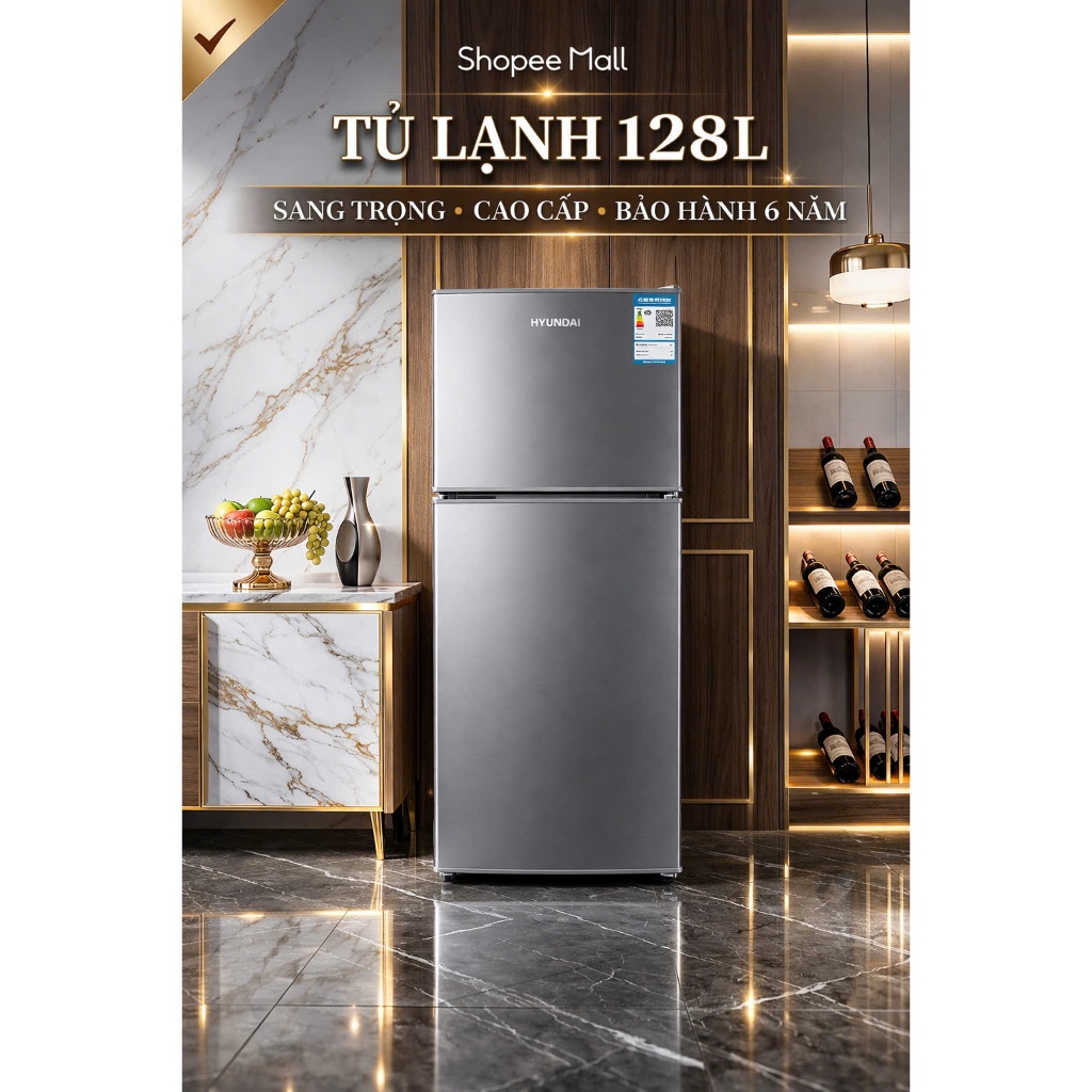 Tủ lạnh 2 cánh PVL -   HUYNDAI, Có thể làm đá, Cao cấp 128 lít, Siêu tiết kiệm điện, ngăn đông trên HND-T160FA(BS)