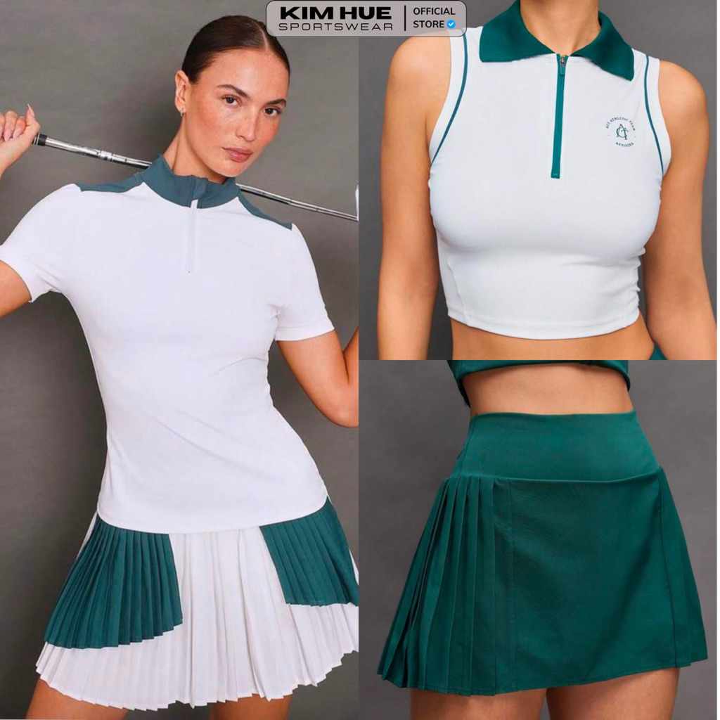 Áo cộc tay khoá kéo phối cổ trụ xanh + CV chữ A xếp ly phối vạt bèo xanh hai bên - CV chữ A xanh xếp