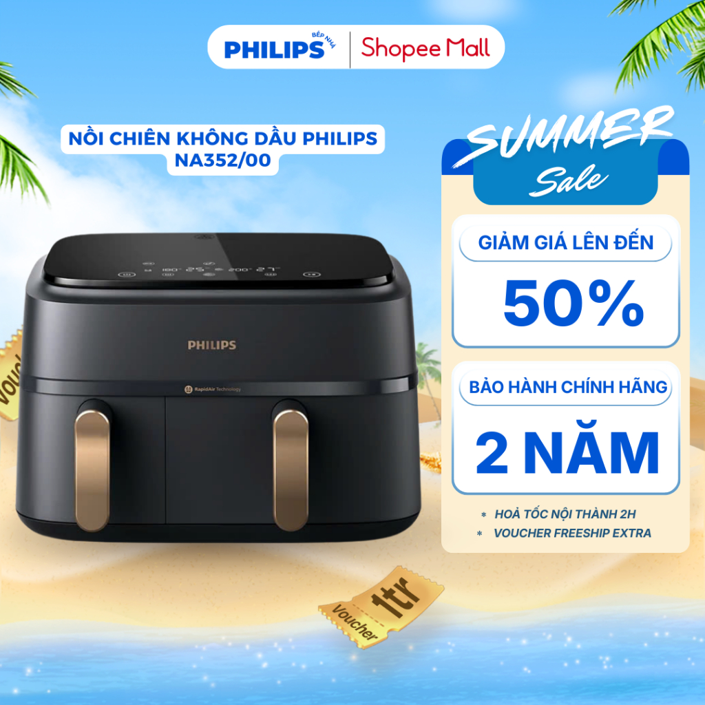 Nồi Chiên Không Dầu 2 Ngăn PHILIPS NA352/00 (2750W - 9L) Tối Đa 1.5kg Thức Ăn Trong 1 Ngăn Lớn