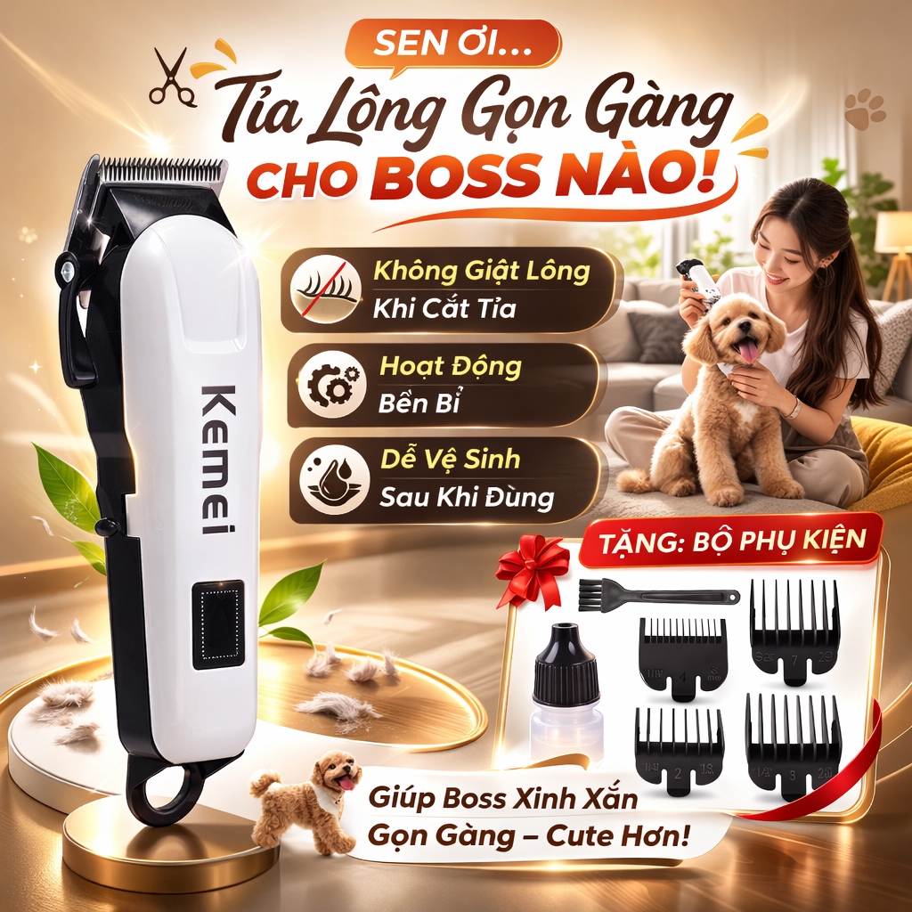 Tông Đơ Chó Mèo Kemei KM-809A, Máy Cắt Lông Thú Cưng Không Dây, Có Lược Định Vị, Pin Trâu