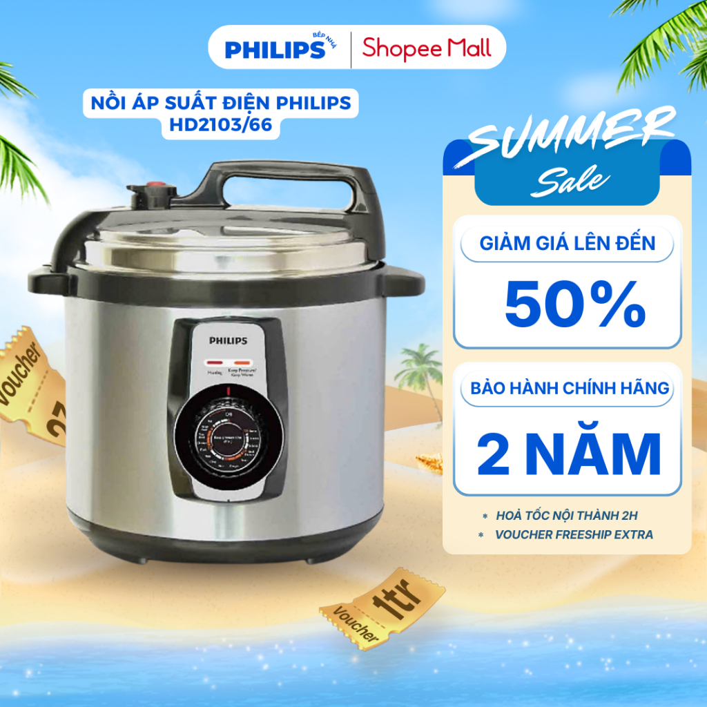 Nồi Áp Suất Điện PHILIPS HD2103/66 (5L - 900W) Van điều chỉnh áp suất, Giữ ấm 6 tiếng - Chính Hãng