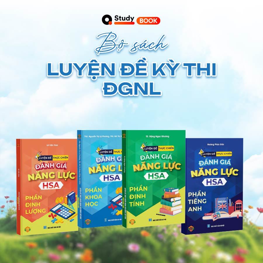 Sách Luyện đề thực chiến Đánh giá năng lực HSA phần khoa học, định tính, định lượng, tiếng Anh QANDA