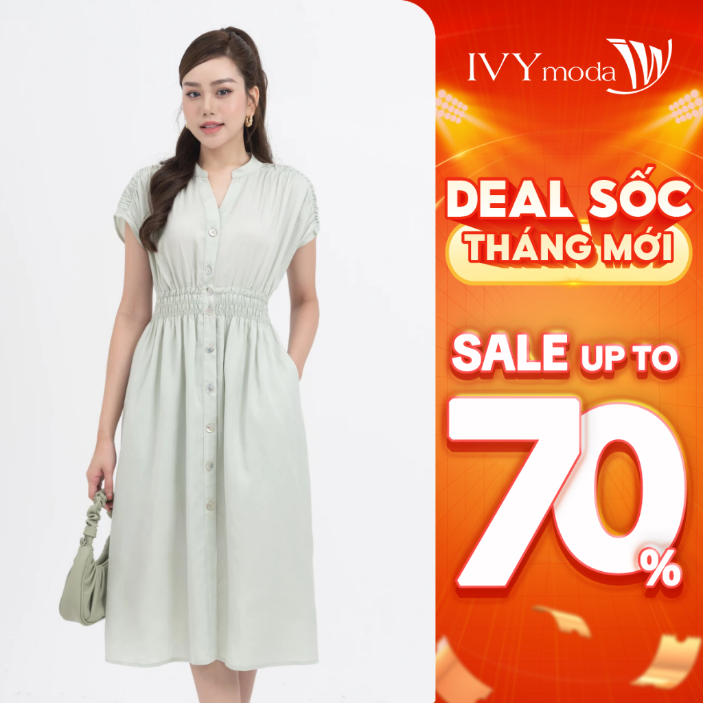 Đầm lụa xòe phối khuy nữ IVY moda MS 48M8256