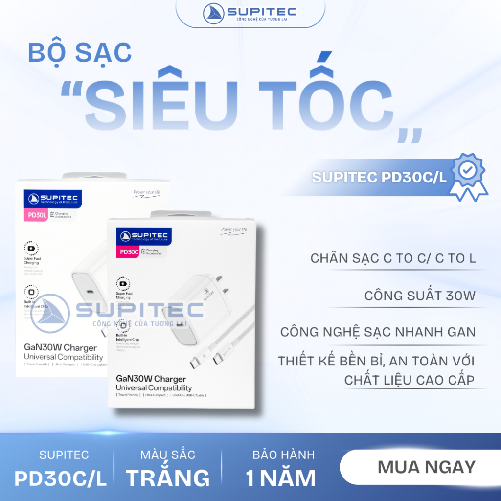 Bộ sạc nhanh (C to C/ C to L) GaN 30W Supitec PD30C - PD30L