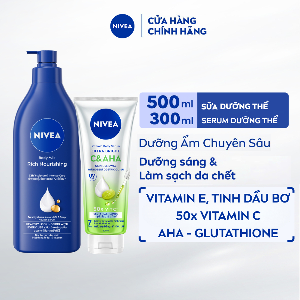 Bộ 2 Sữa Dưỡng Thể NIVEA Dưỡng Ẩm Chuyên Sâu (500 ml) và Tinh Chất Dưỡng Thể NIVEA Vitamin C&AHA (30