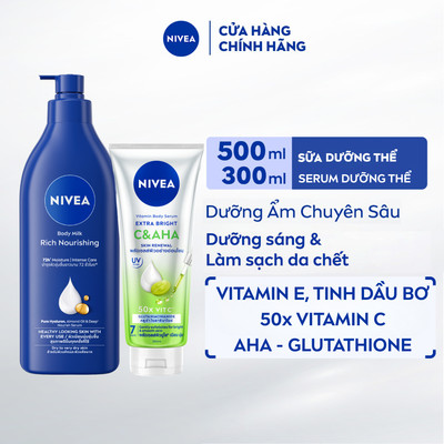 Bộ 2 Sữa Dưỡng Thể NIVEA Dưỡng Ẩm Chuyên Sâu (500 ml) và Tinh Chất Dưỡng Thể NIVEA Vitamin C&AHA (300 ml) - 80212+99197