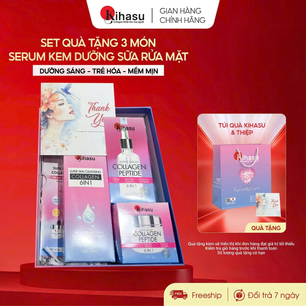 Set Quà Tặng Mẹ Kihasu Ngừa Lão Hóa, Sáng Da Mịn Màng với Kem Dưỡng Serum Sữa Rửa Mặt  Collagen 6in1