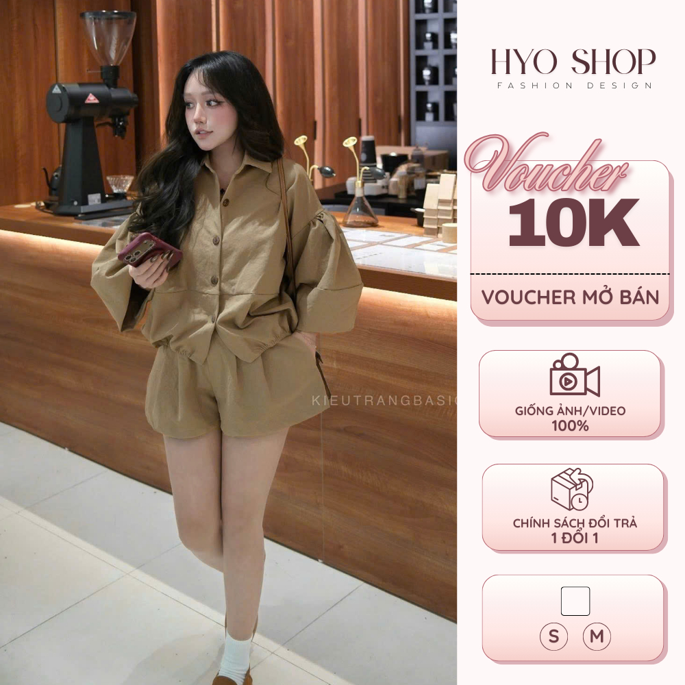 Set bộ nữ kaki thô màu nâu áo tay phồng mix quần short form rộng phong cách Hàn - HYO SHOP