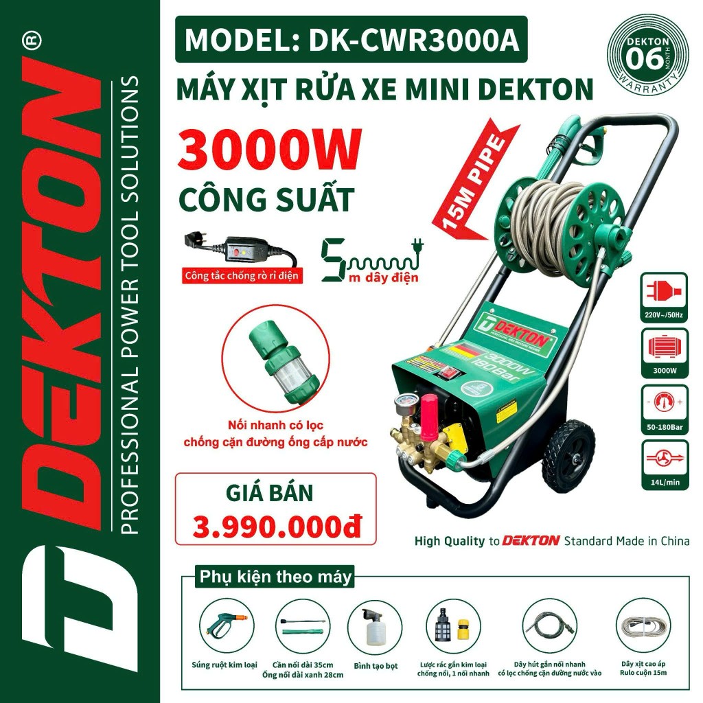 Máy Rửa Xe Chỉnh Áp DEKTON DK-CWR3000A Công Suất 3000W - Công Tắc Chống Rò Điện - Áp 180Bar - Rulo C