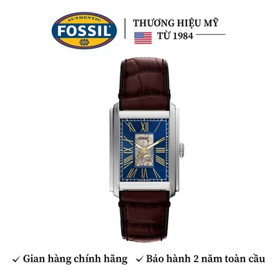 Đồng hồ cơ nam Fossil Carraway Automatic ME3273, mặt chữ nhật xanh dương 30MM, dây da màu nâu
