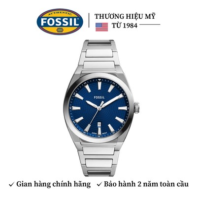 Đồng hồ nam Fossil Everett dây kim loại, mặt màu xanh 42 MM, xem ngày, màu bạc, FS5822