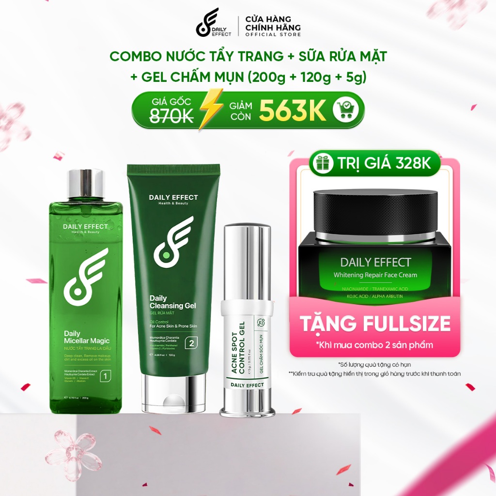 [Combo Nước Tẩy Trang + Sữa Rửa Mặt + Gel Chấm Mụn] - DAILY EFFECT (200ml + 120ml + 5g) Hỗ Trợ Giảm 